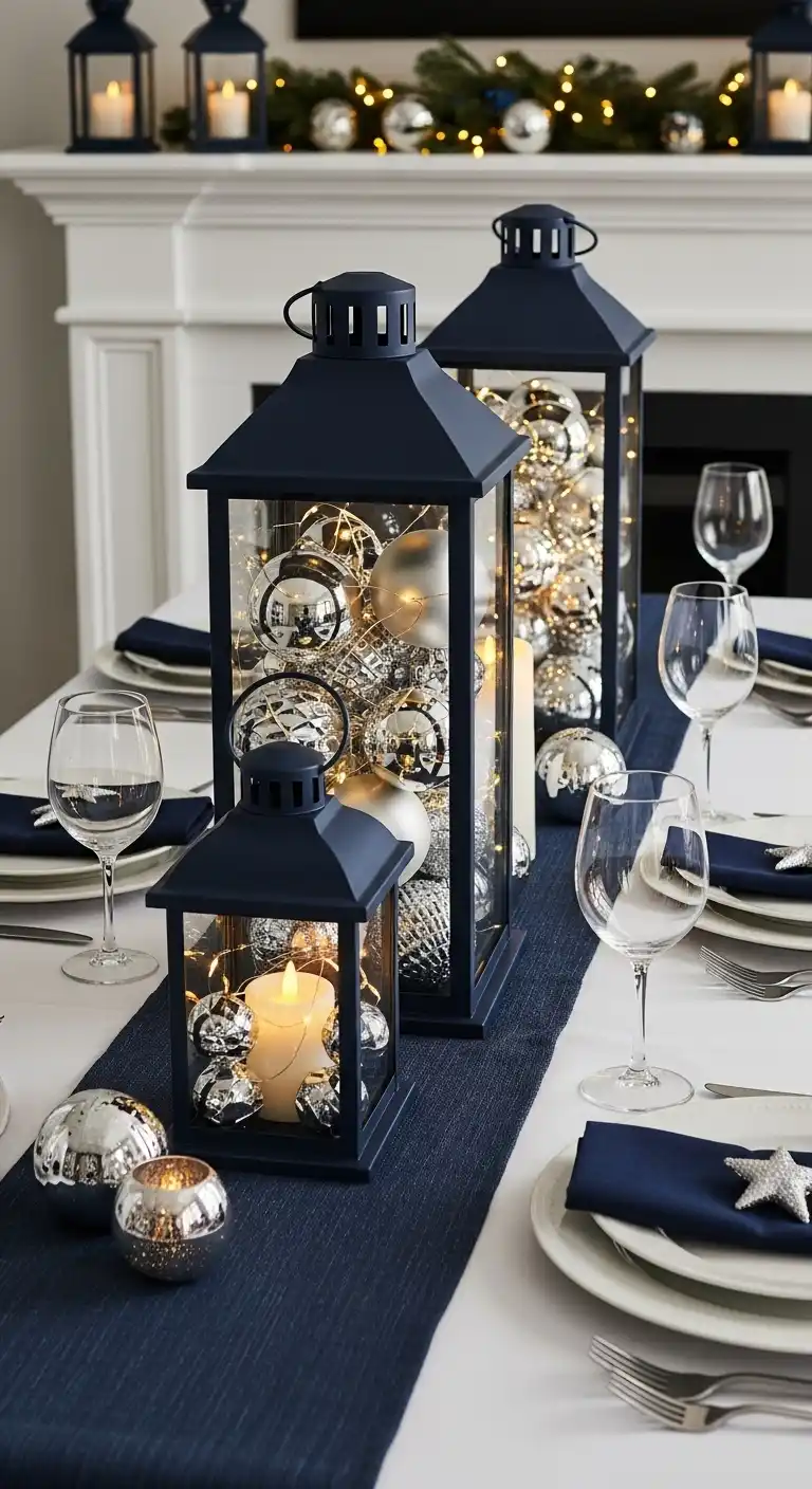 16. Navy and Silver Lantern Display – Classic Glow