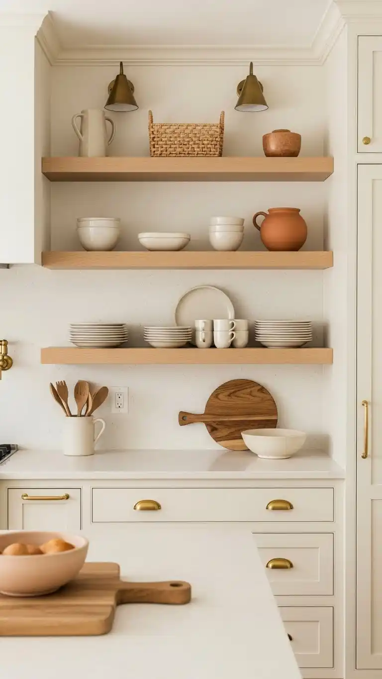 17. Natural Wood Open Shelving for Airy Warmth