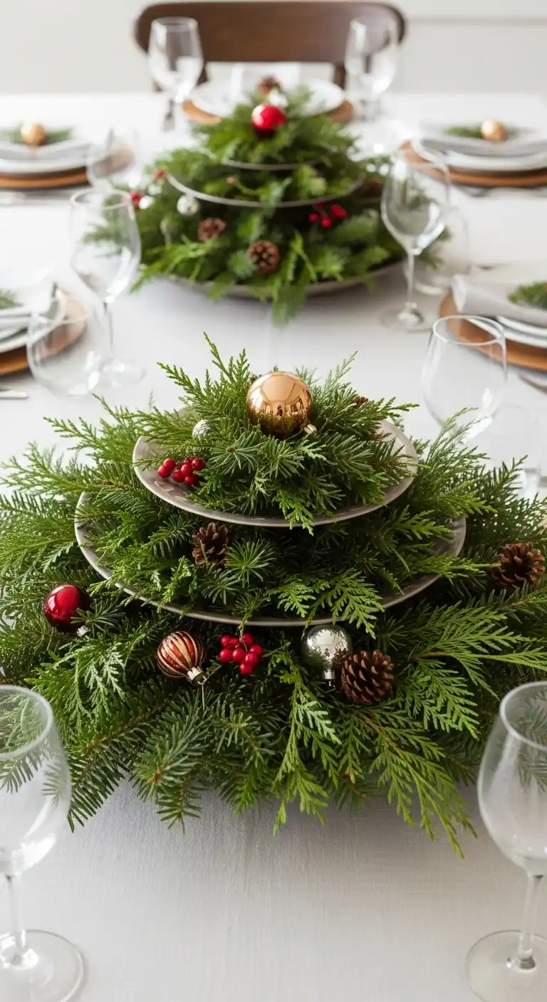 19. Layered Evergreen and Ornament Display