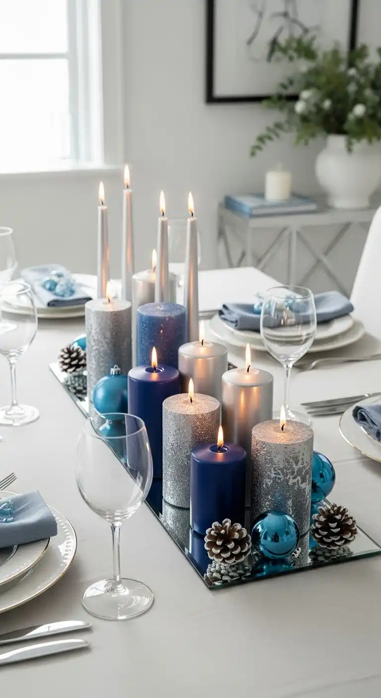 20. Blue and Silver Candle Cluster – Simple and Chic