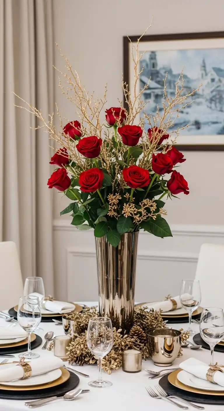 20. Red Roses with Gold-Sprayed Branches