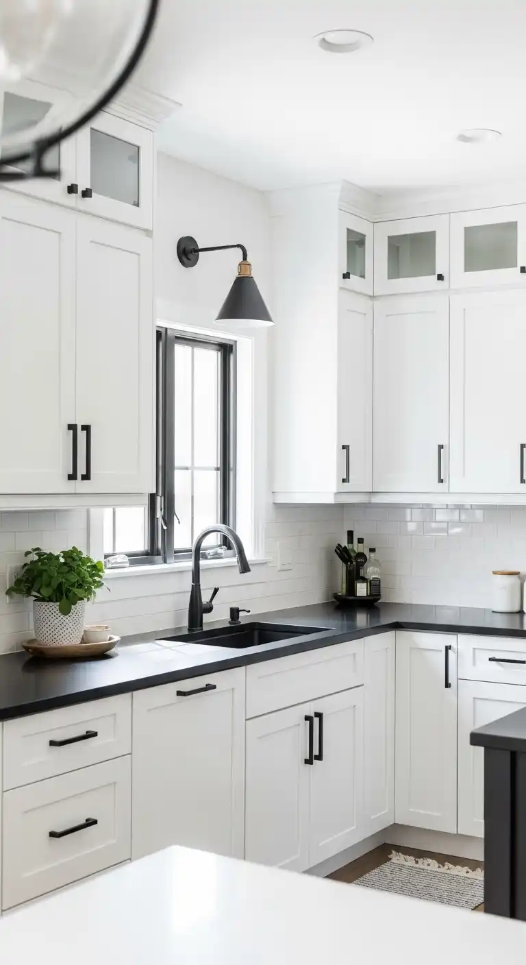 20. Try white cabinets with black accents for timeless contrast