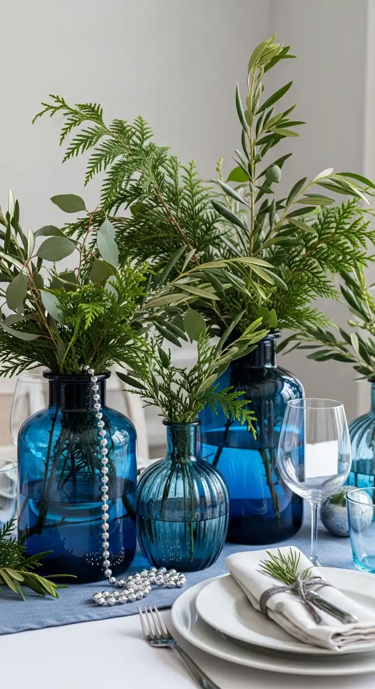 21. Blue Glass Vases and Greenery – Natural Glam