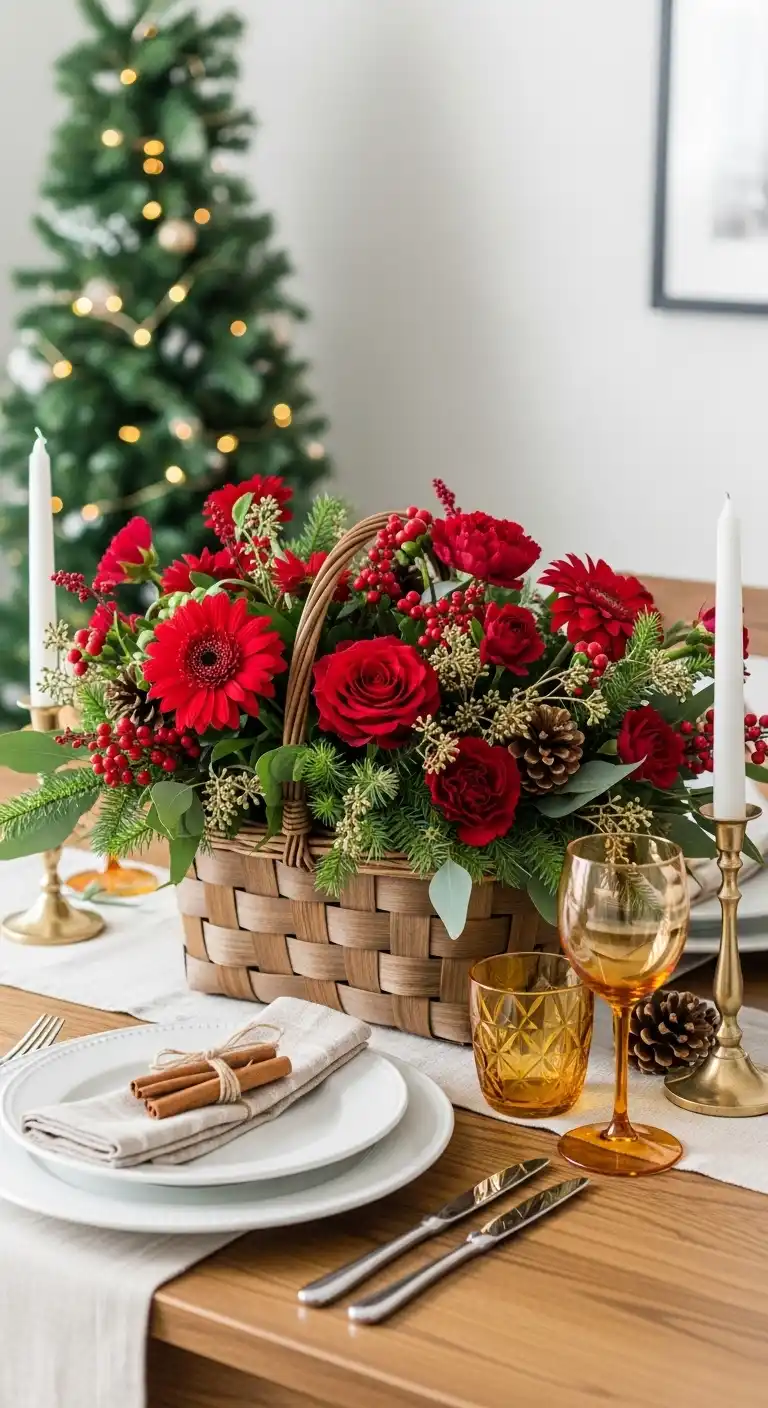 21. Rustic Basket of Red Blooms