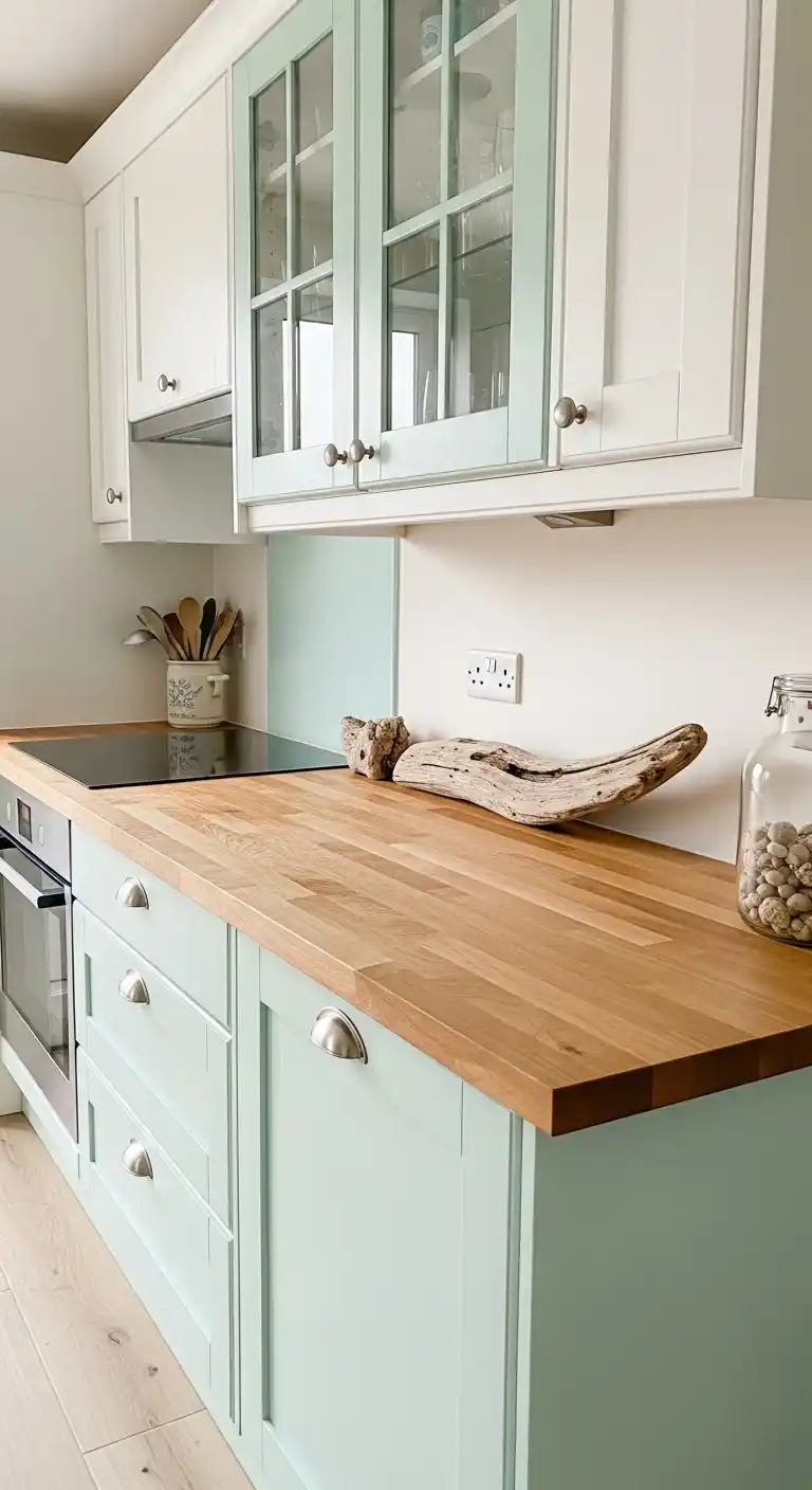 22. Coastal Cabinets with Wooden Countertops