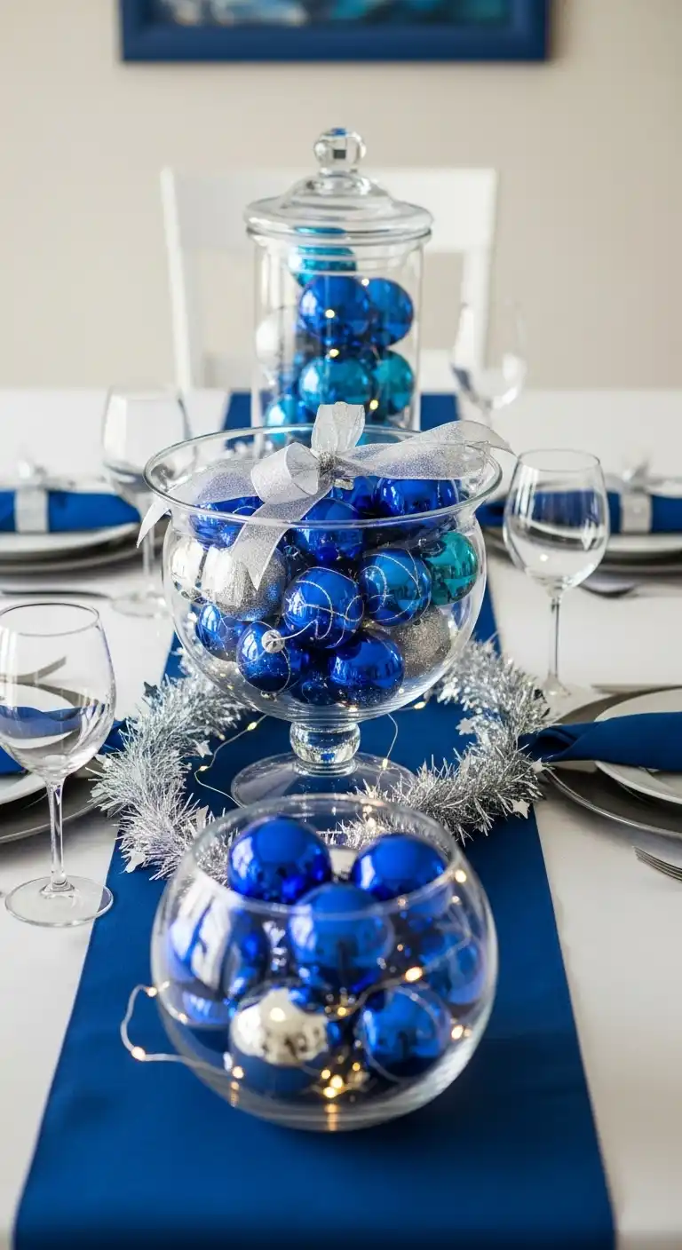 22. Cobalt Blue and Silver Ornaments – Sparkling Tradition
