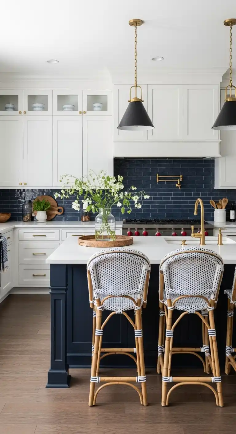 4. Add a contrasting navy island for a coastal-chic touch