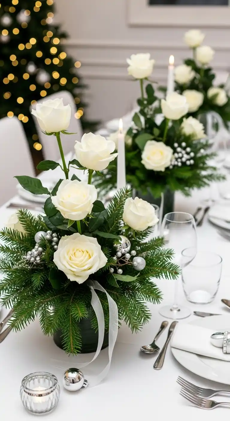 4. White Roses with Evergreen Sprigs