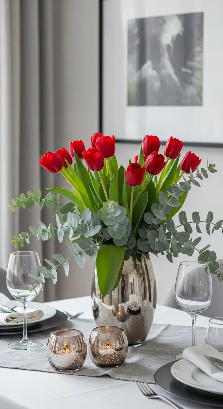 5. Red Tulips with Silver Eucalyptus
