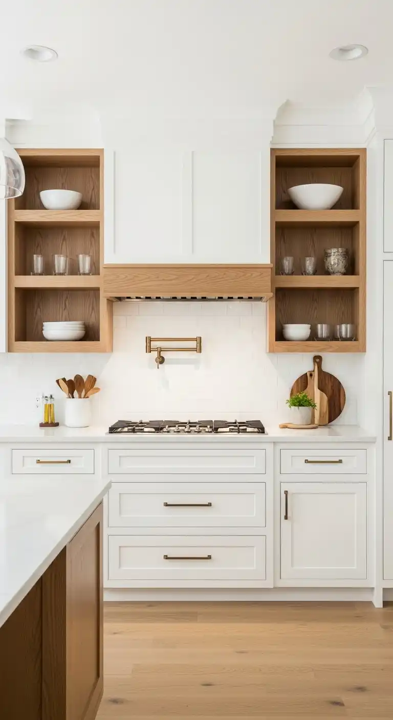 6. Mix white cabinets with natural wood accents for warmth