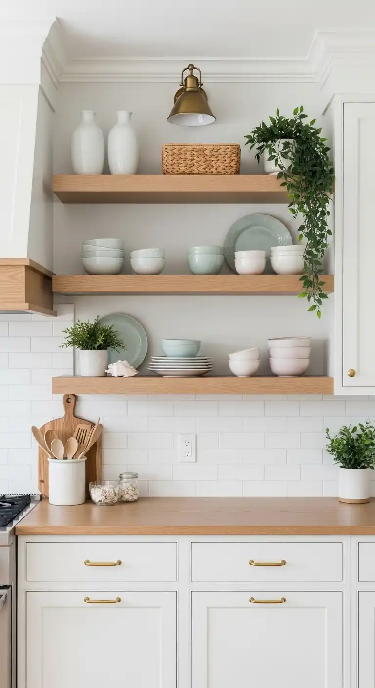 6. Open Shelving with Coastal Cabinets