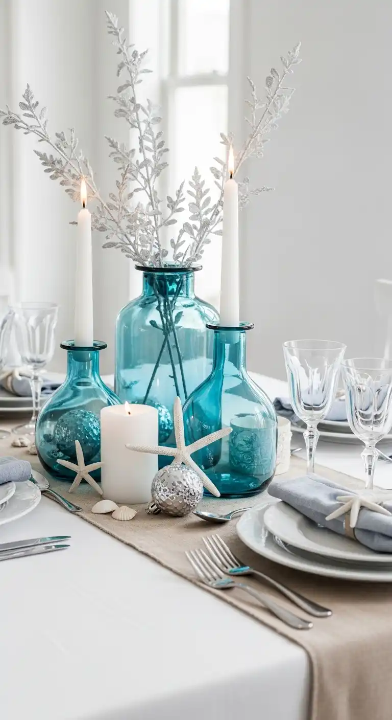 6. White, Sand, and Metallic Blue – Coastal-Inspired Charm