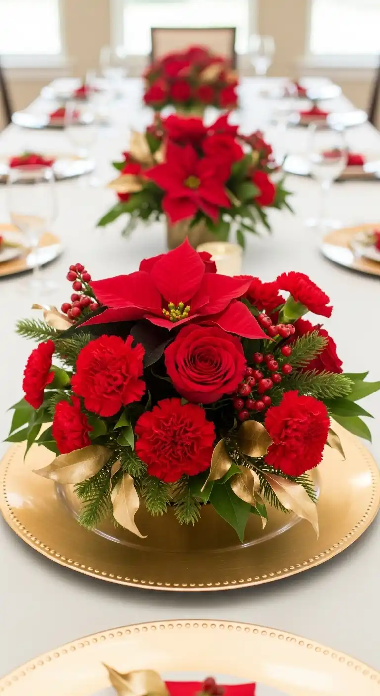 8. Golden Charger with Red Floral Arrangement