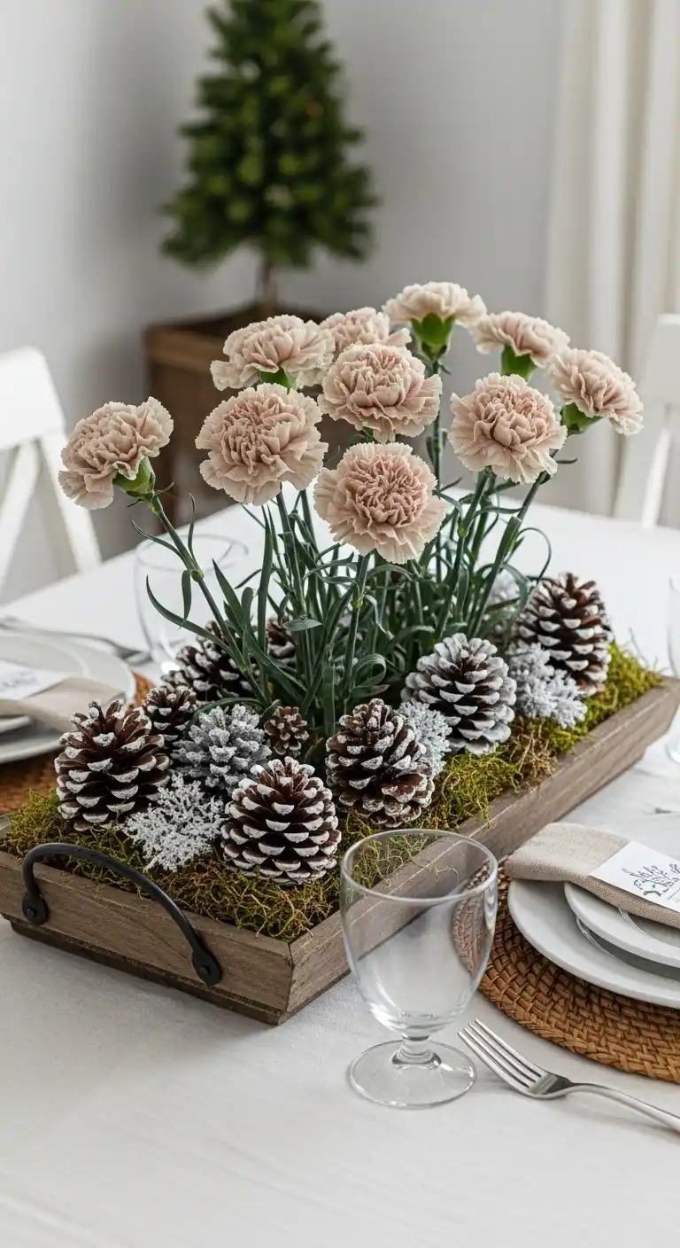 9. Frosted Pinecone and Carnation Display
