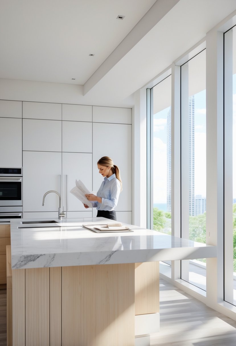 A modern kitchen with a kitchen designer reviewing blueprints near a kitchen island in a bright, clean space.