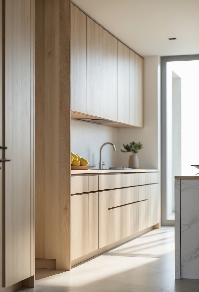 Modern kitchen interior with high-quality custom wood cabinets and clean countertops.