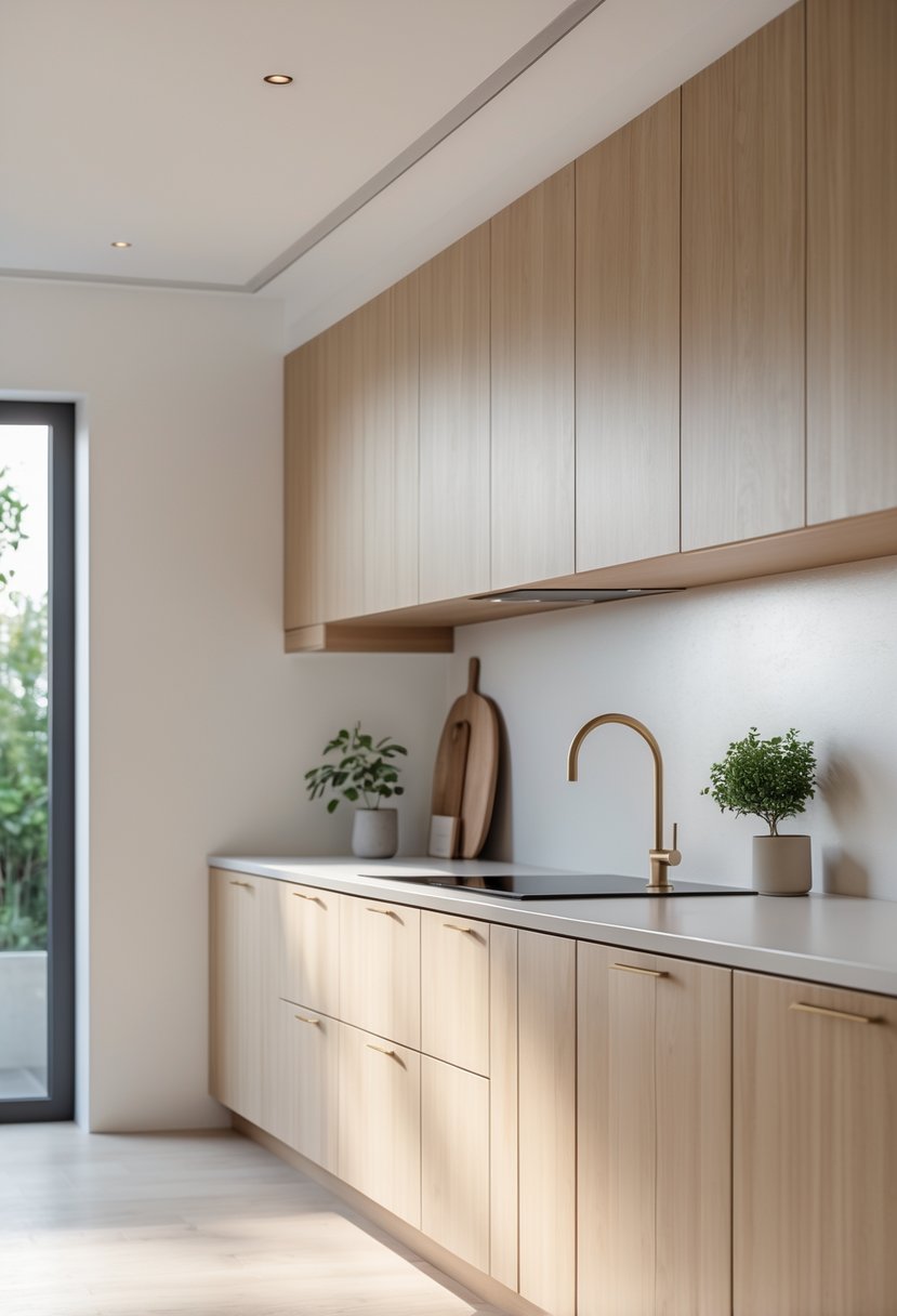 A modern kitchen interior showcasing high-quality wooden cabinets with smooth finishes and metal handles, lit by natural light.