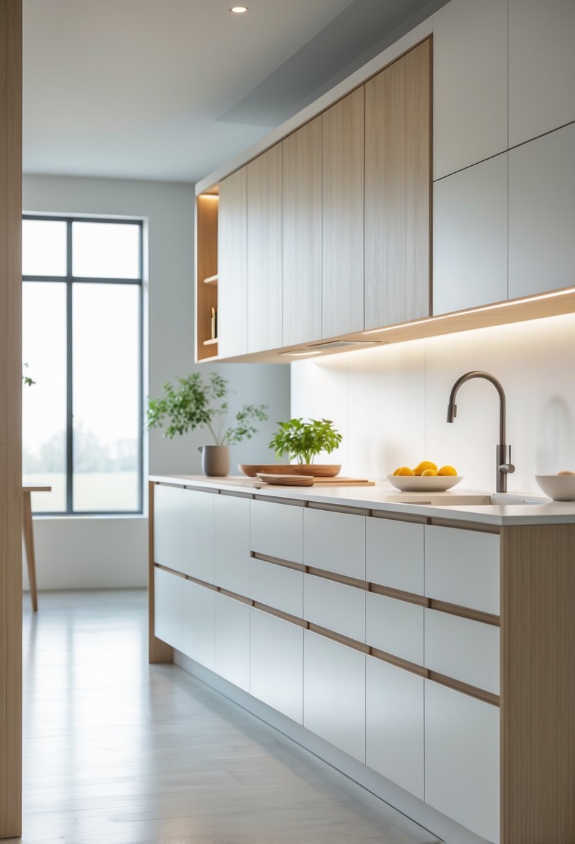 A modern kitchen with sleek wooden and white cabinets, a clean countertop with a small plant and fruit bowl, and large windows letting in natural light.