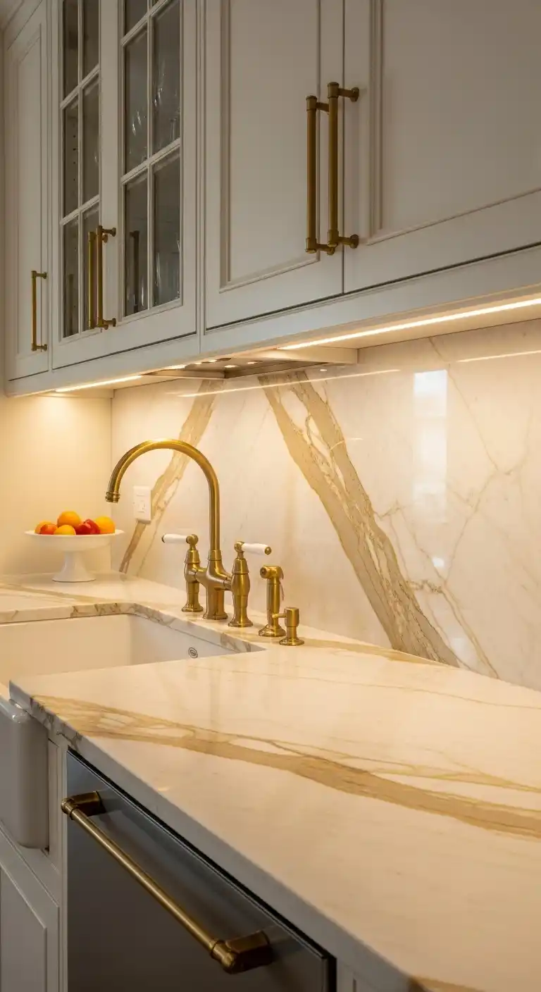 1. Calacatta Gold Countertops with Warm Brass Fixtures