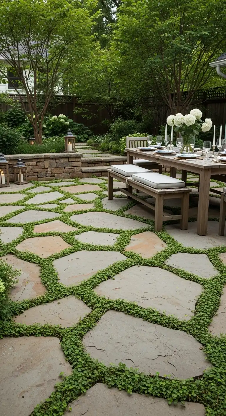 1. Flagstone Floor Patio with Living Mortar Plants Between Stones