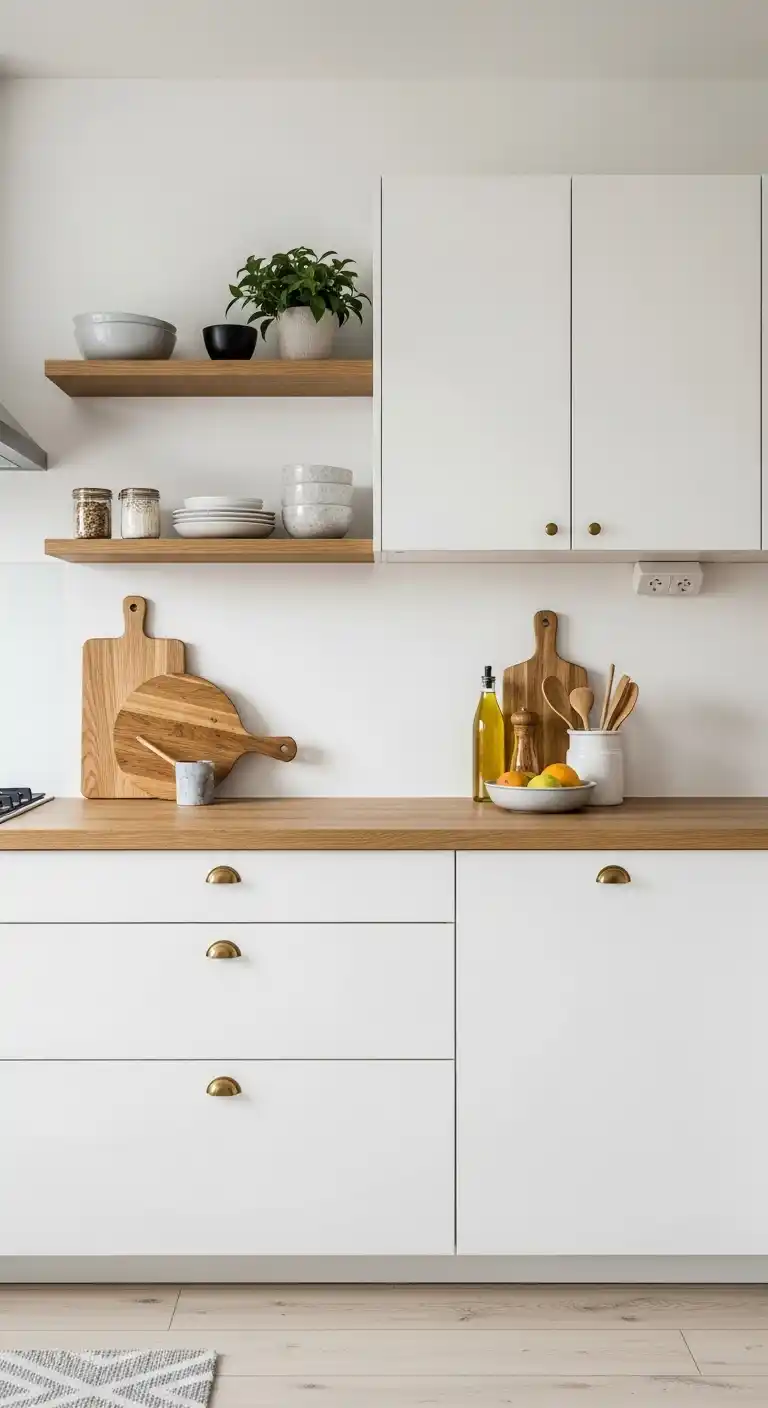 1. Soft White Cabinets with Natural Wood Accents