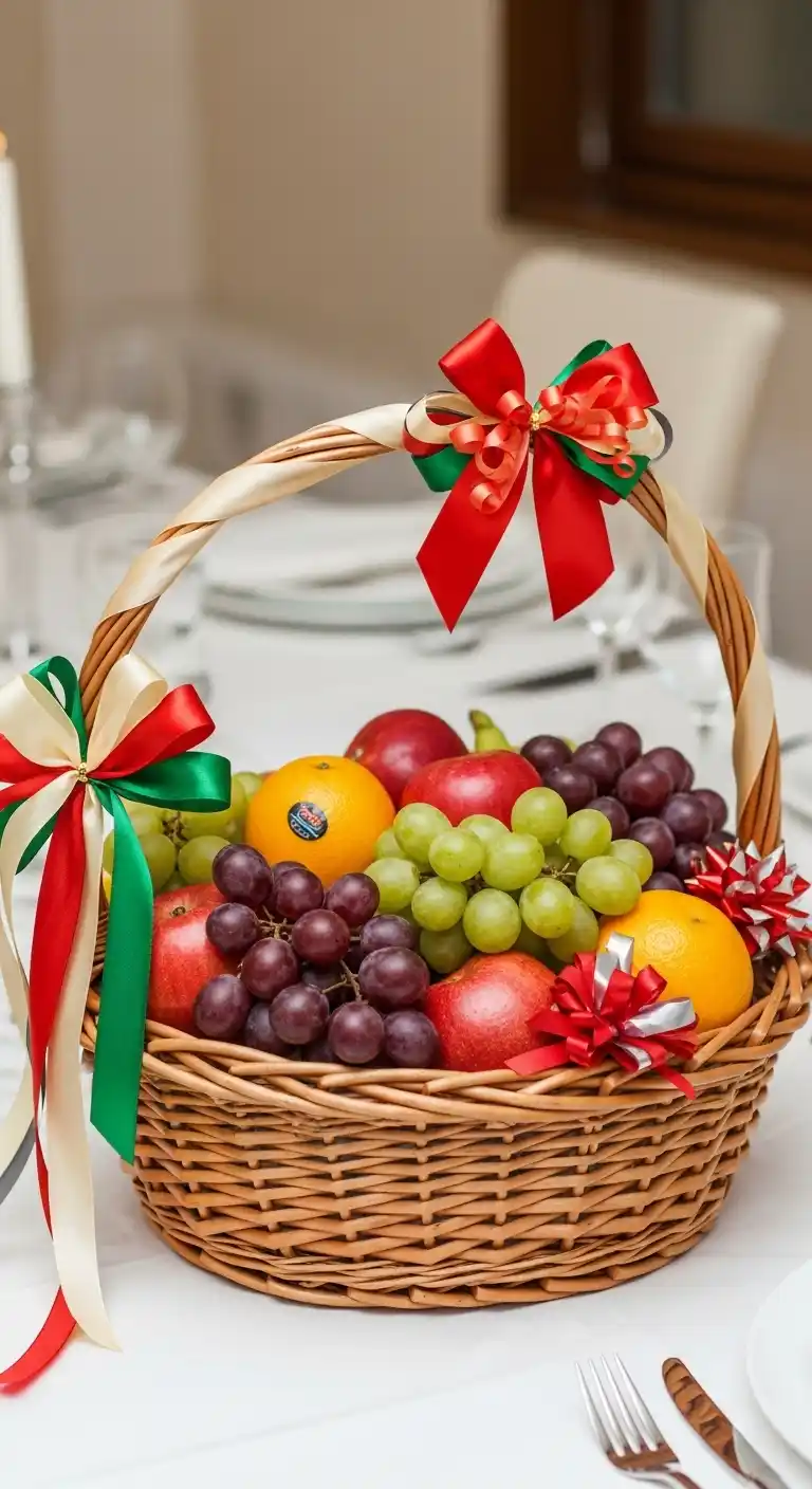 10. Fruit Basket with Decorative Ribbons and Bows