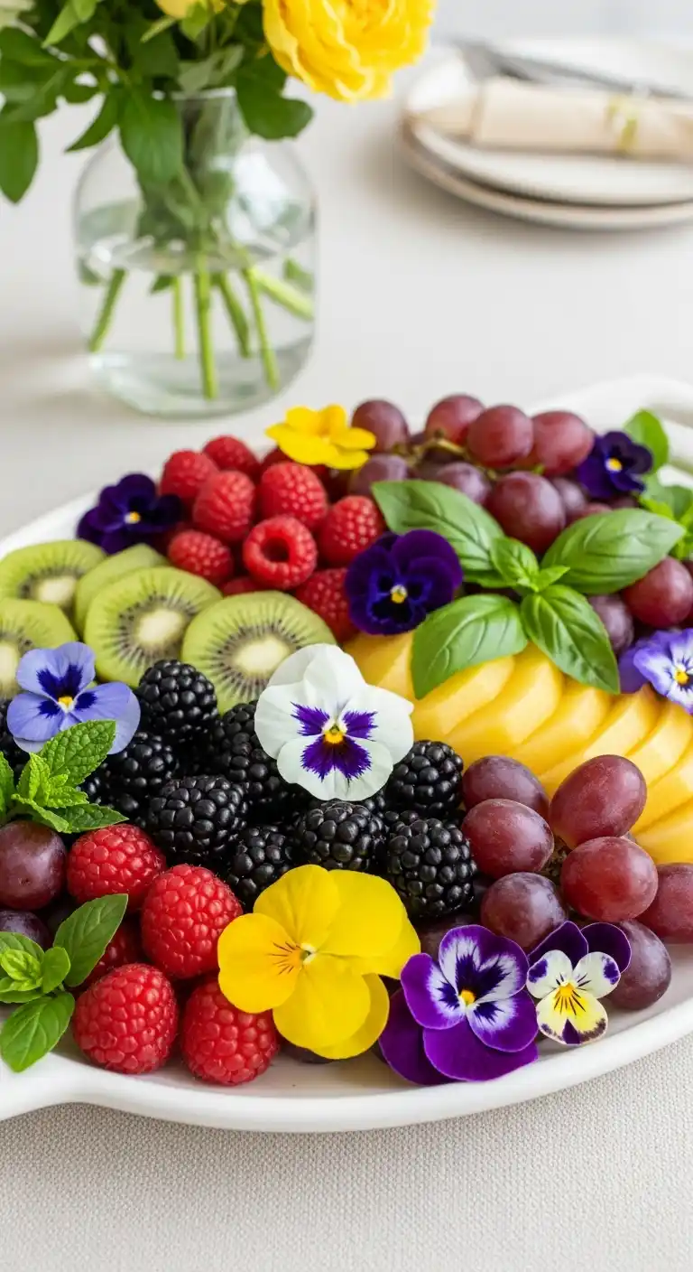 10. Garden-Inspired Fruit Tray with Edible Flowers