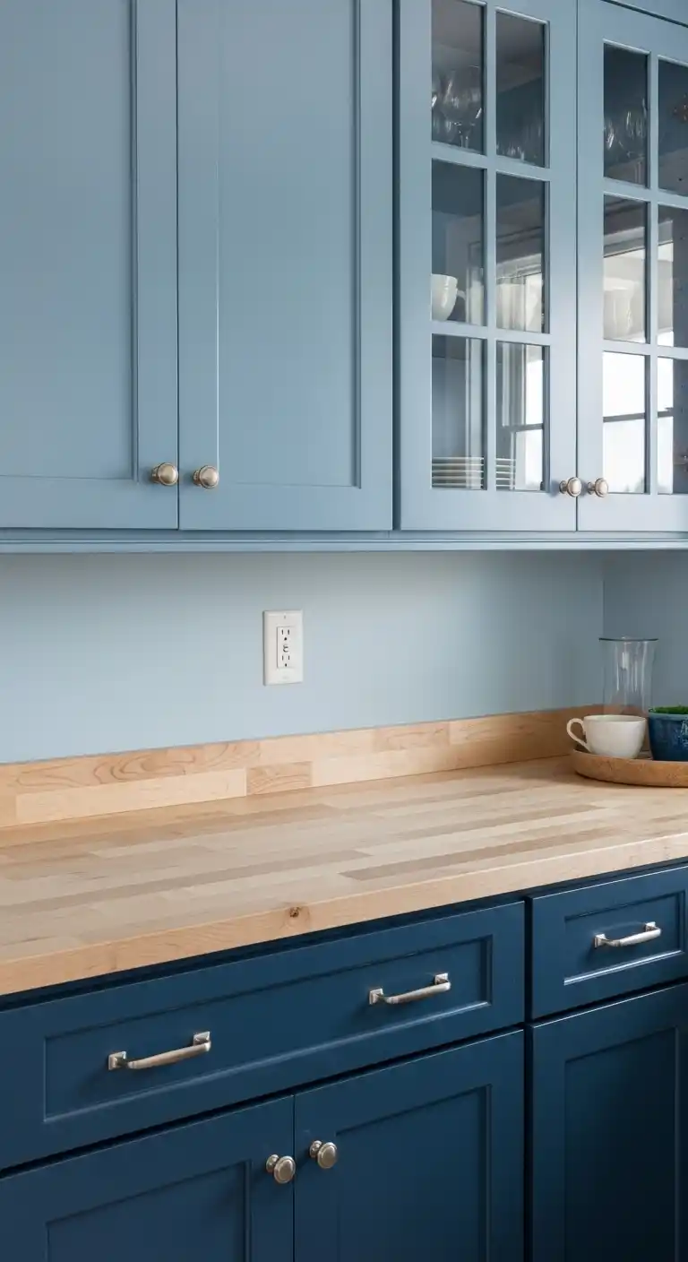 10. Light Maple Countertop with Blue Cabinets