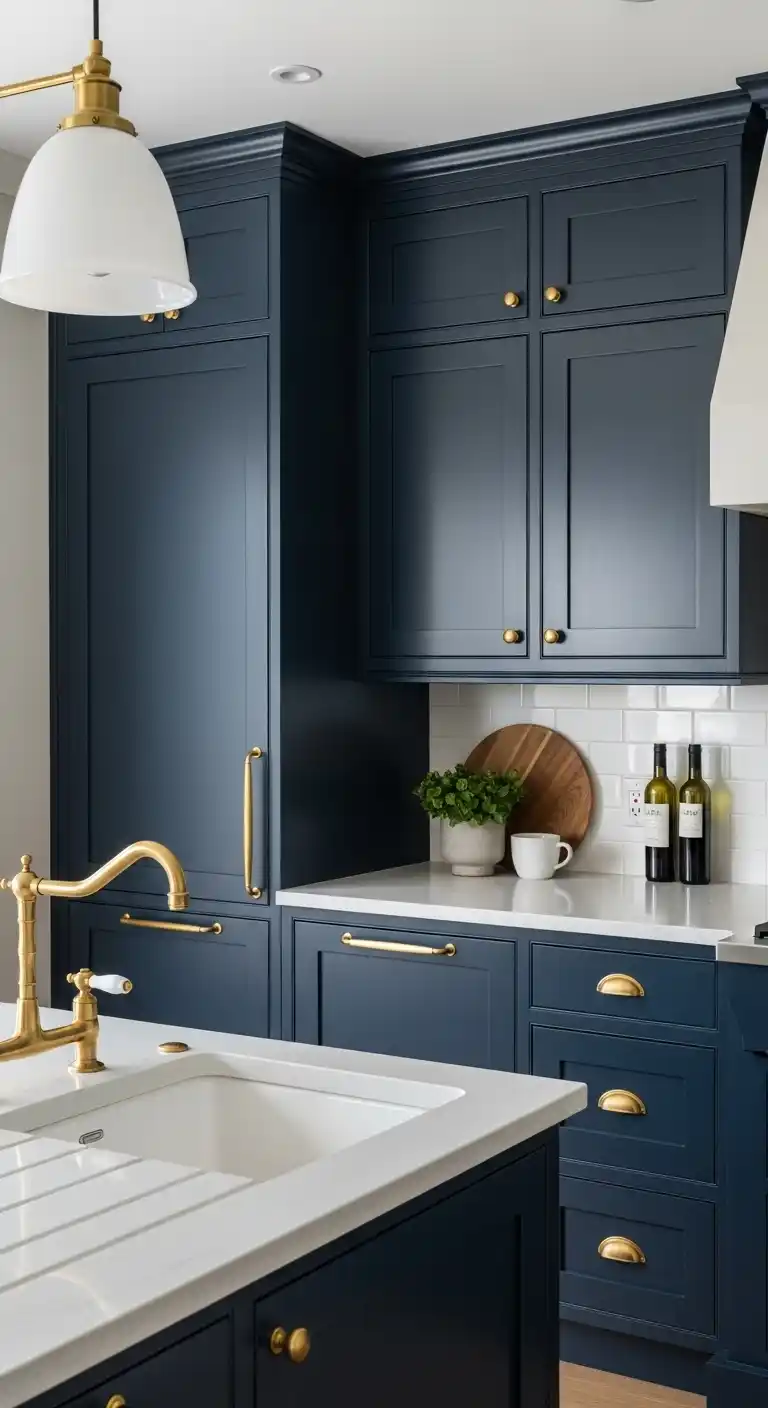 10. Navy Blue Cabinets with Brass or Gold Accents