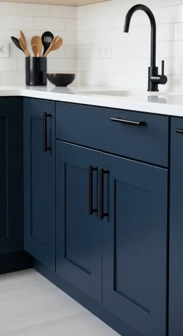 11. Navy Blue Cabinets with Black Hardware