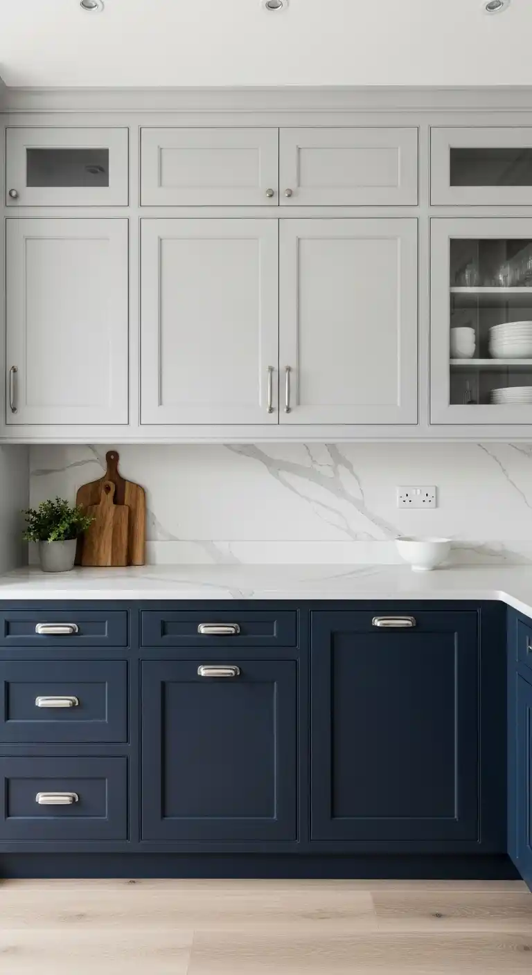 11. Navy Blue and Light Gray Cabinets