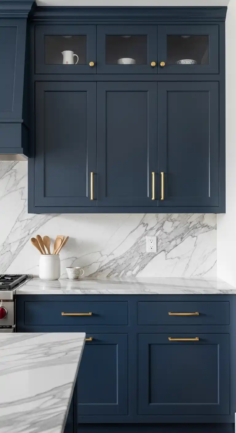11. Pair Calacatta Marble with Deep Navy Cabinets