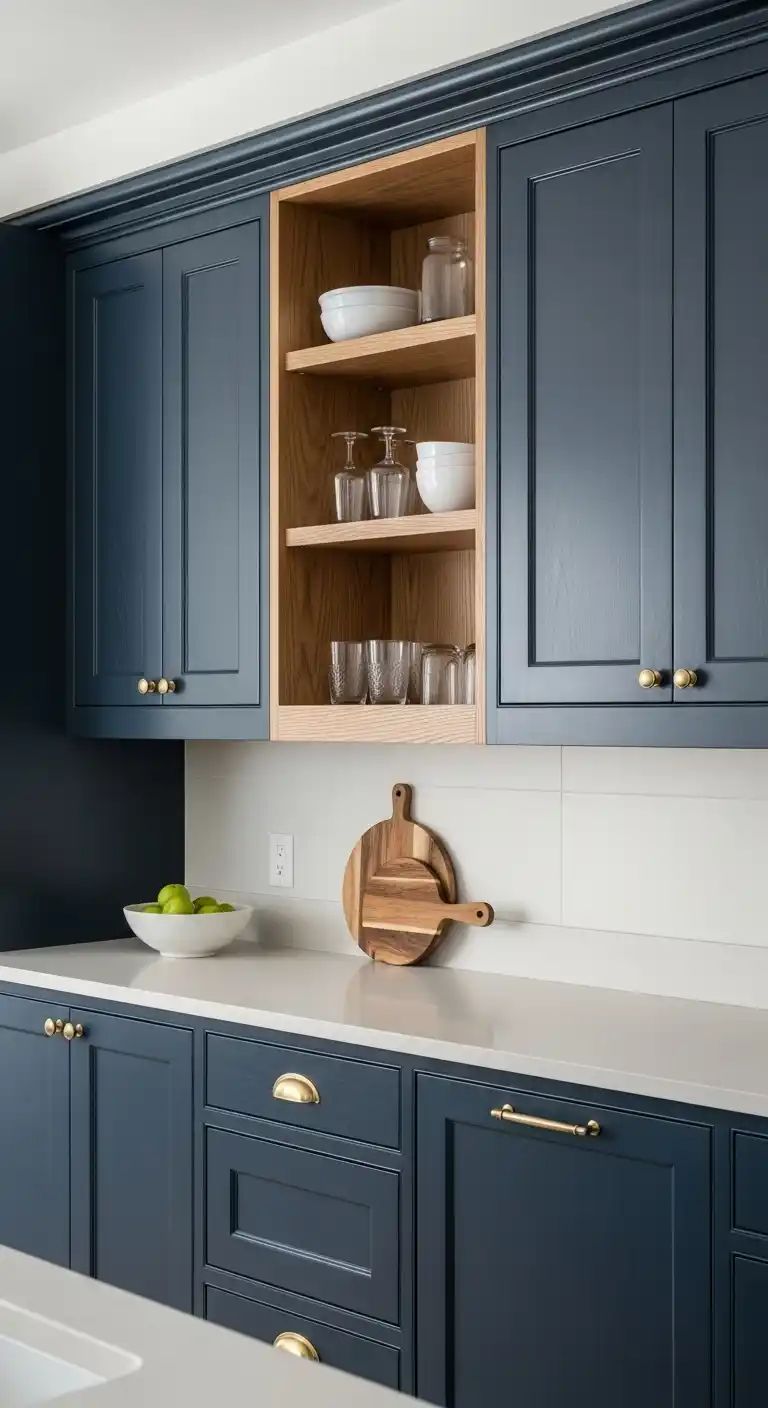12. Navy Blue Cabinets with Wood Accents