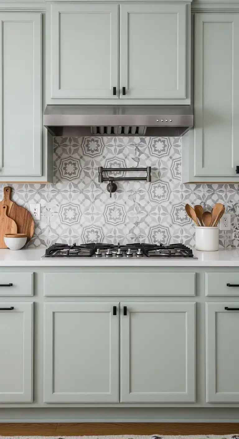 12. Sage Green Cabinets with Patterned Backsplash