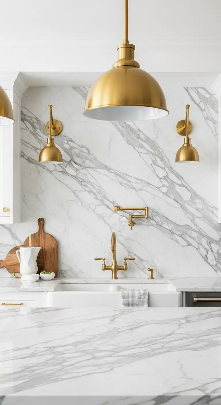 13. Calacatta Marble with Gold Lighting Fixtures