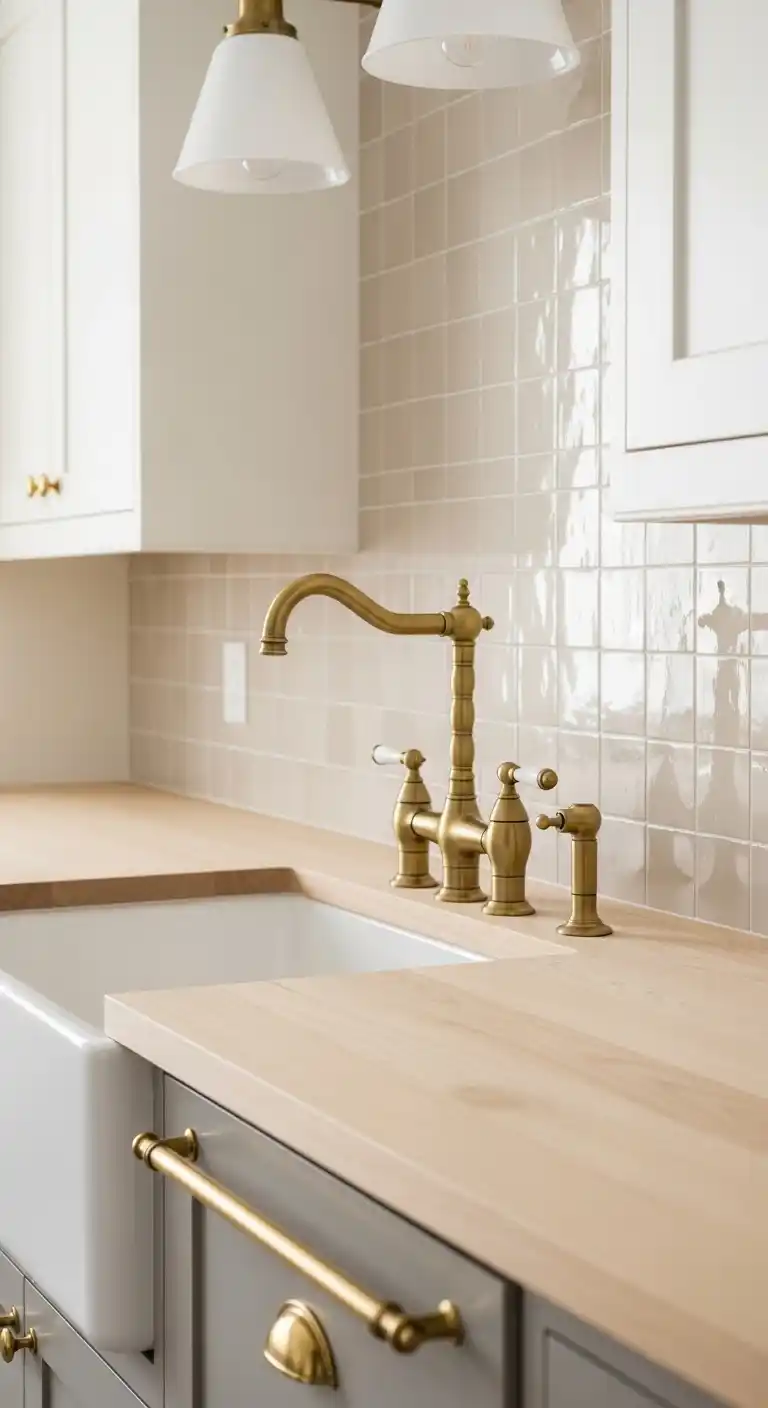 13. Maple Slab Countertop with Brass Fixtures