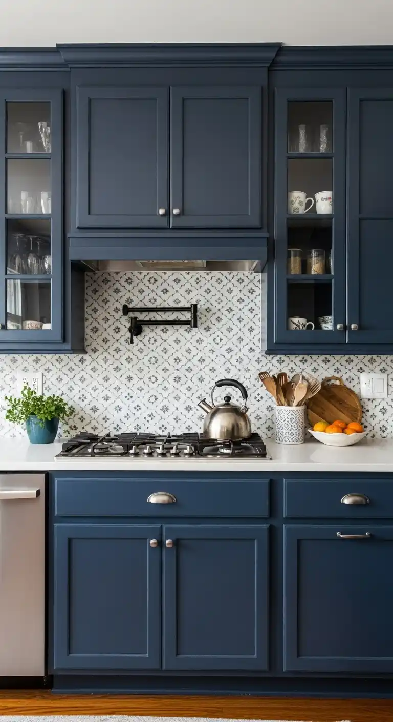 13. Navy Blue Cabinets with Patterned Backsplash