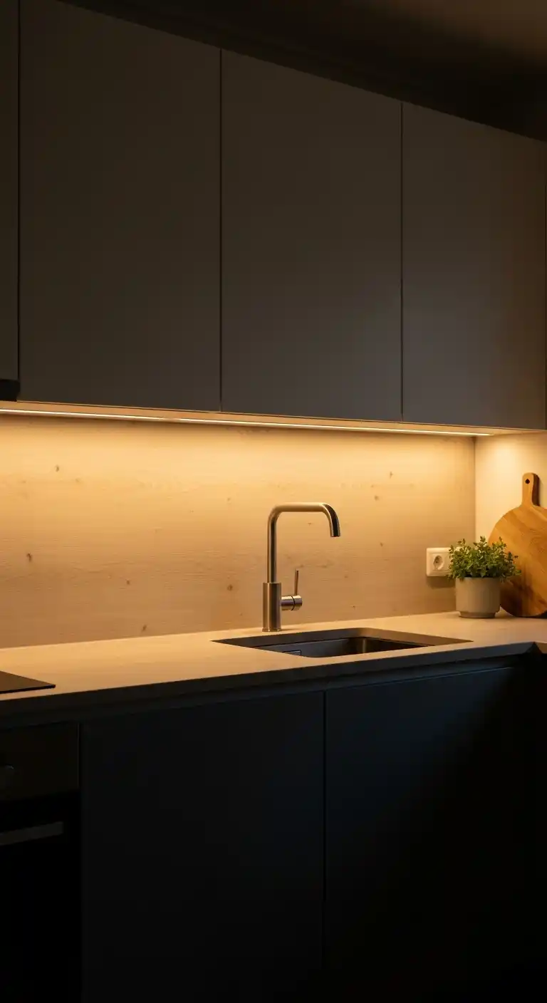 14. Minimalist Cabinet Lighting for Warm Ambiance