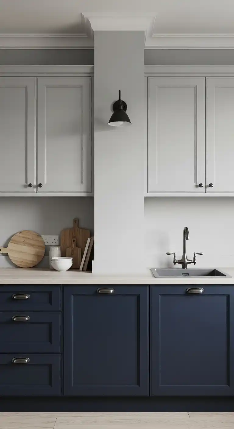 14. Navy Blue Cabinets with Soft Gray Walls