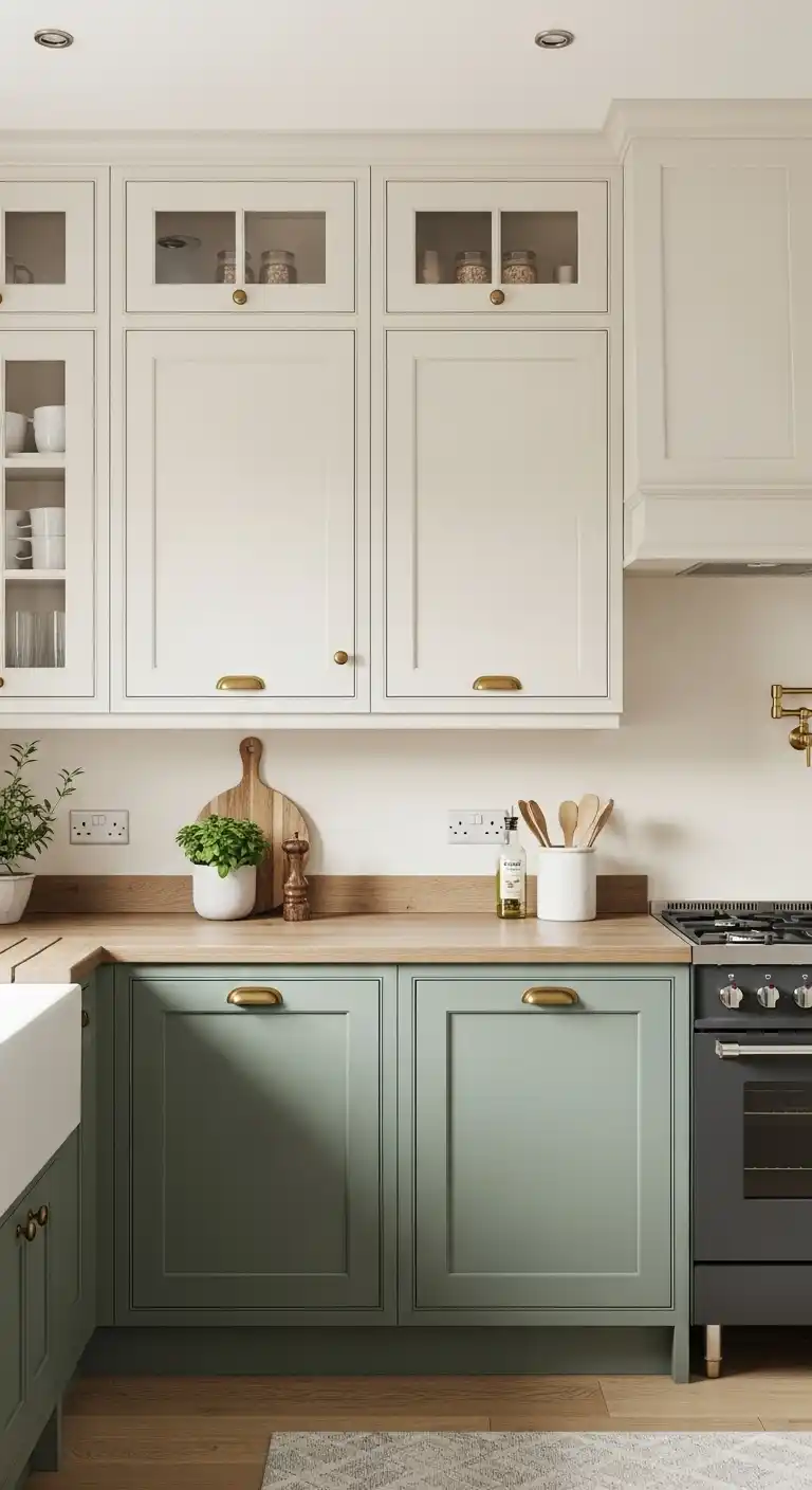14. Sage Green Cabinets with Cream Upper Cabinets