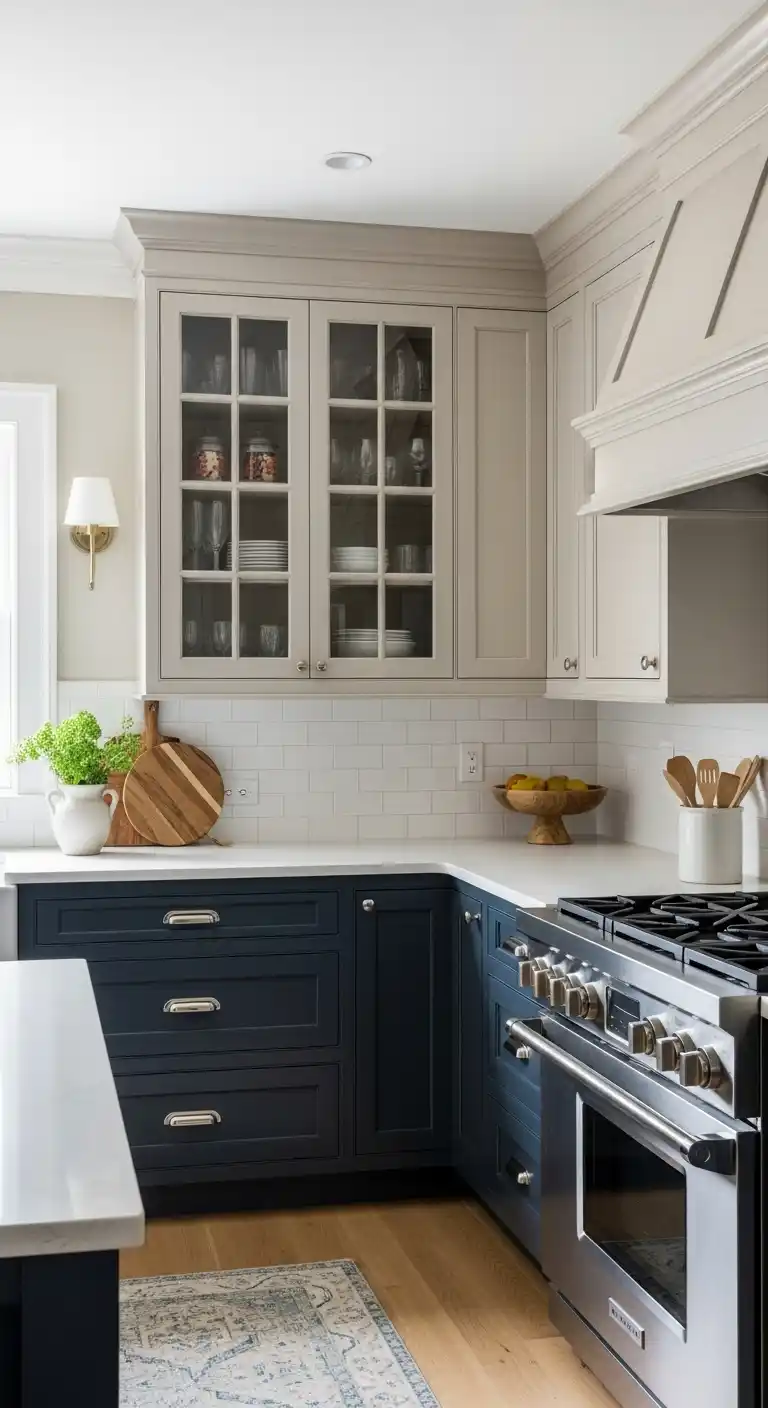 15. Navy Blue Cabinets with Light Beige Accents