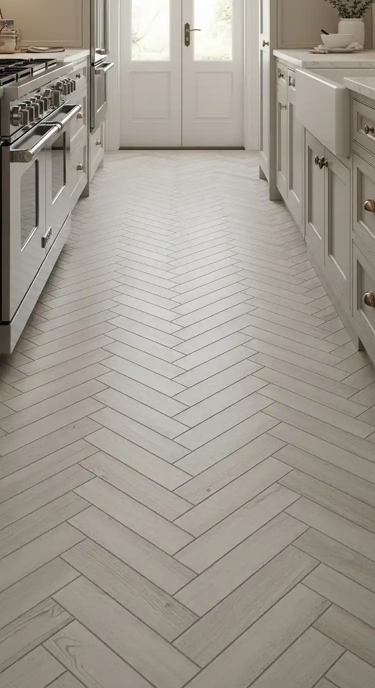 15. Porcelain Tiles Laid in Herringbone Pattern for Classic Elegance