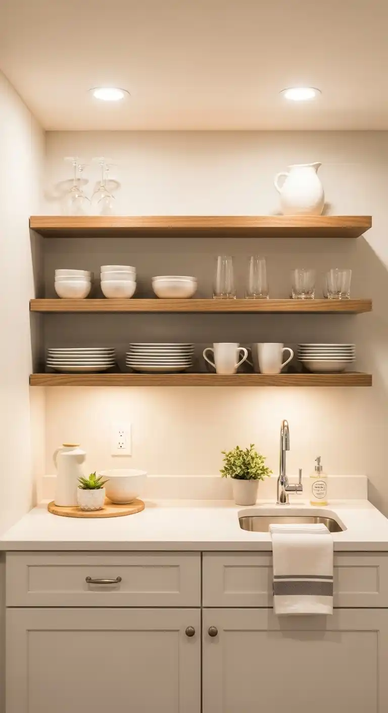 15. Small Basement Kitchenette with Open Shelving
