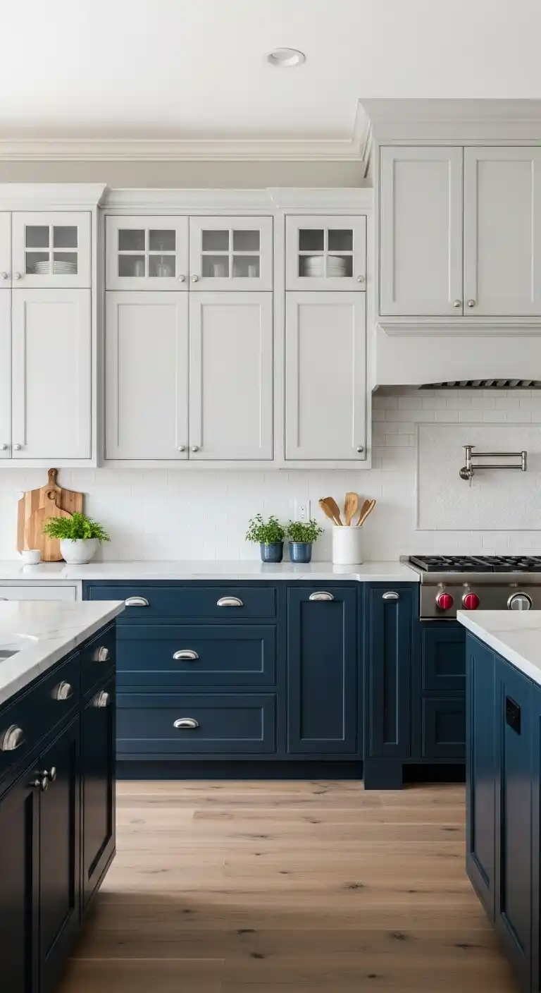 16. Navy Blue Cabinets with Two-Tone Design