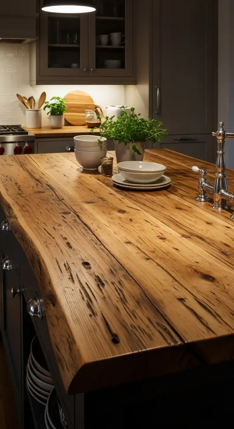 16. Reclaimed Maple Slab Countertop for Eco Appeal