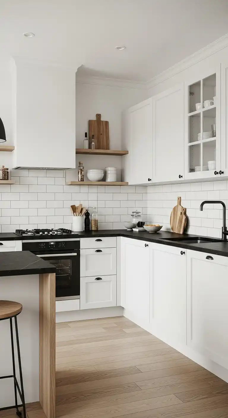 16. White Cabinets with Black Countertops for Bold Simplicity