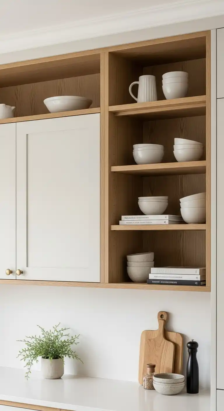 17. Cabinets Framed by Open Wood Shelves