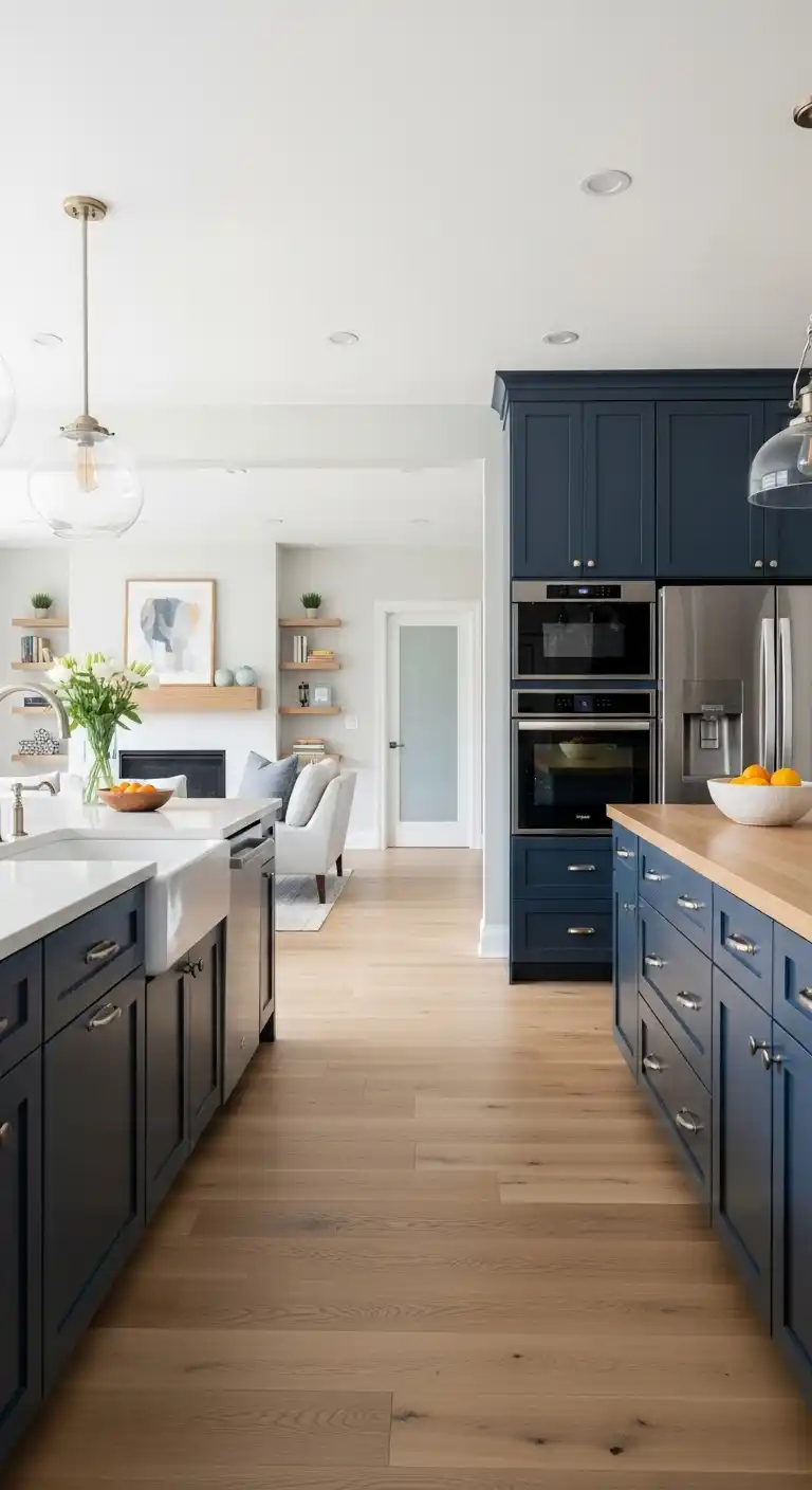 17. Navy Blue Cabinets with Open Concept Layout