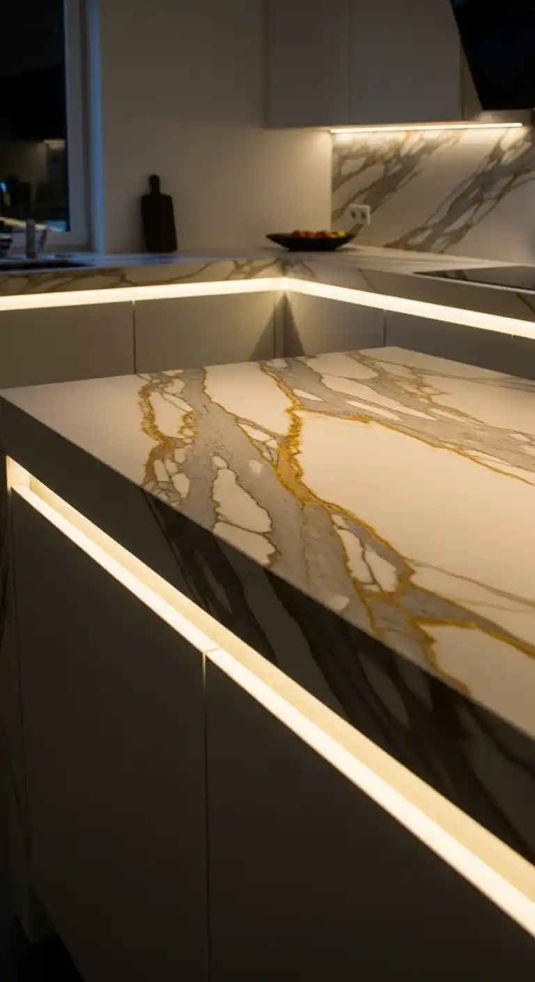 18. Calacatta Countertops with Hidden LED Underlighting