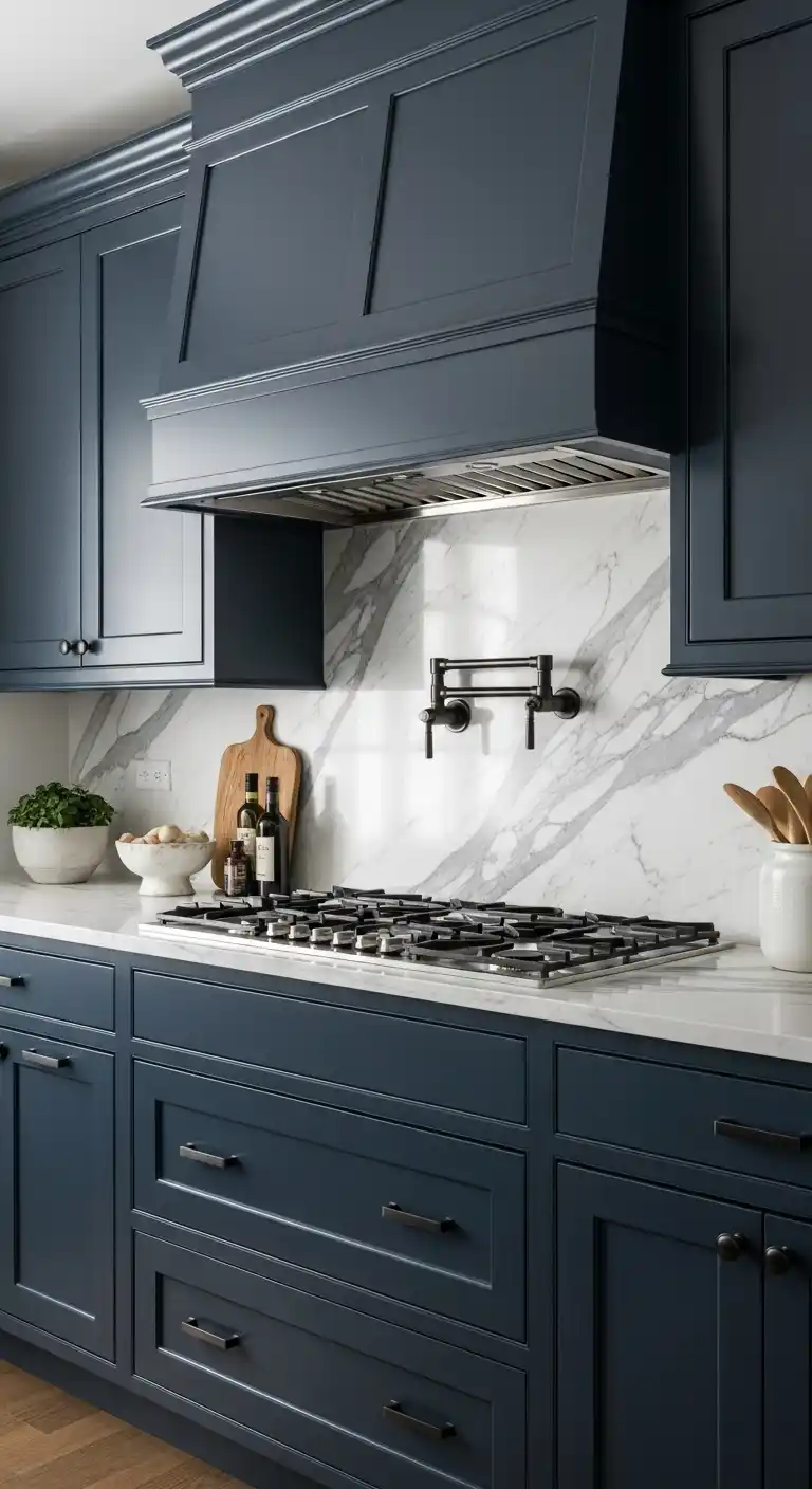 18. Navy Blue Cabinets with Marble Backsplash